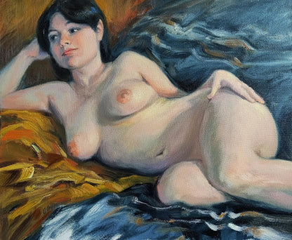Impressionistic oil painting of female figure reclining on fabrics by Oksana Osnach