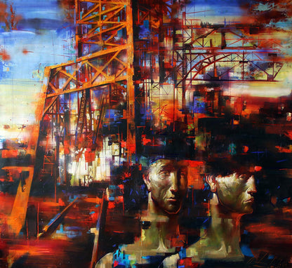 Oil painting by Alexander Dobrodiy: abstract faces in earthy tones on industrial scaffolding
