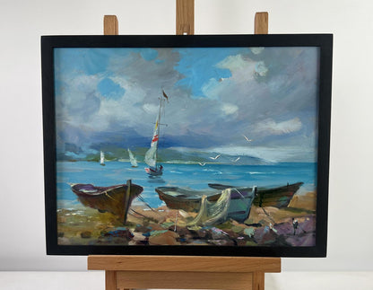 Framed oil painting of sea waves, boats, seagulls by Yuriy Suprunchuk