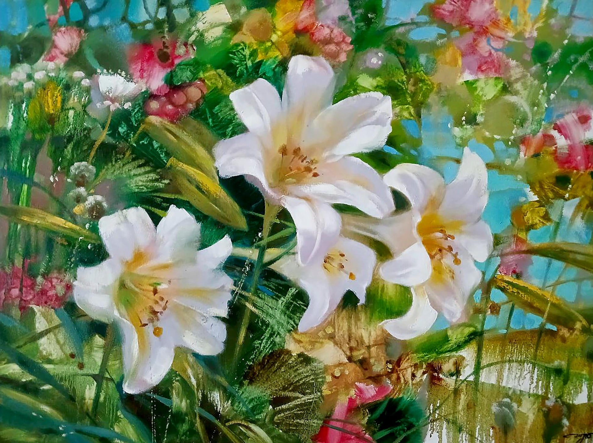 Vibrant impressionist abstract oil painting of white lily summer flowers by Anatoly Tarabanov