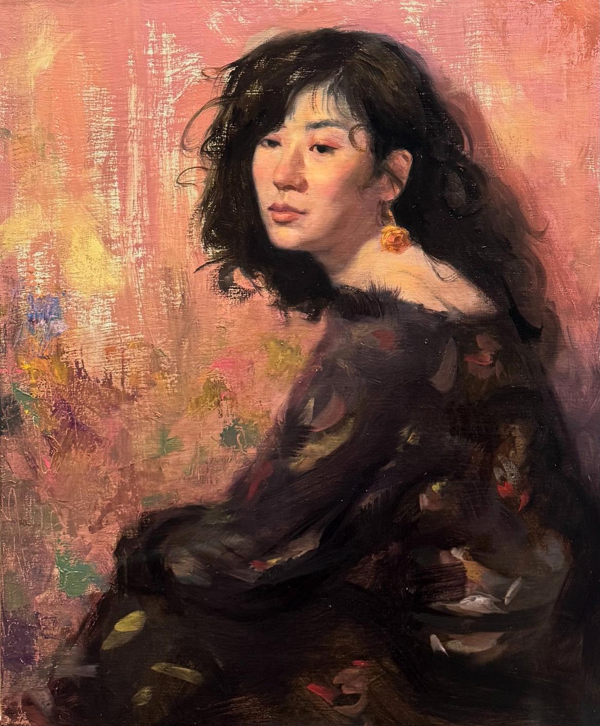Oil painting portrait of woman with dark wavy hair by Shirley Annam Butt