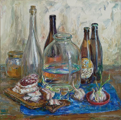 Clear glass jar half-filled with reflective water in Leonid Pavlenko oil painting