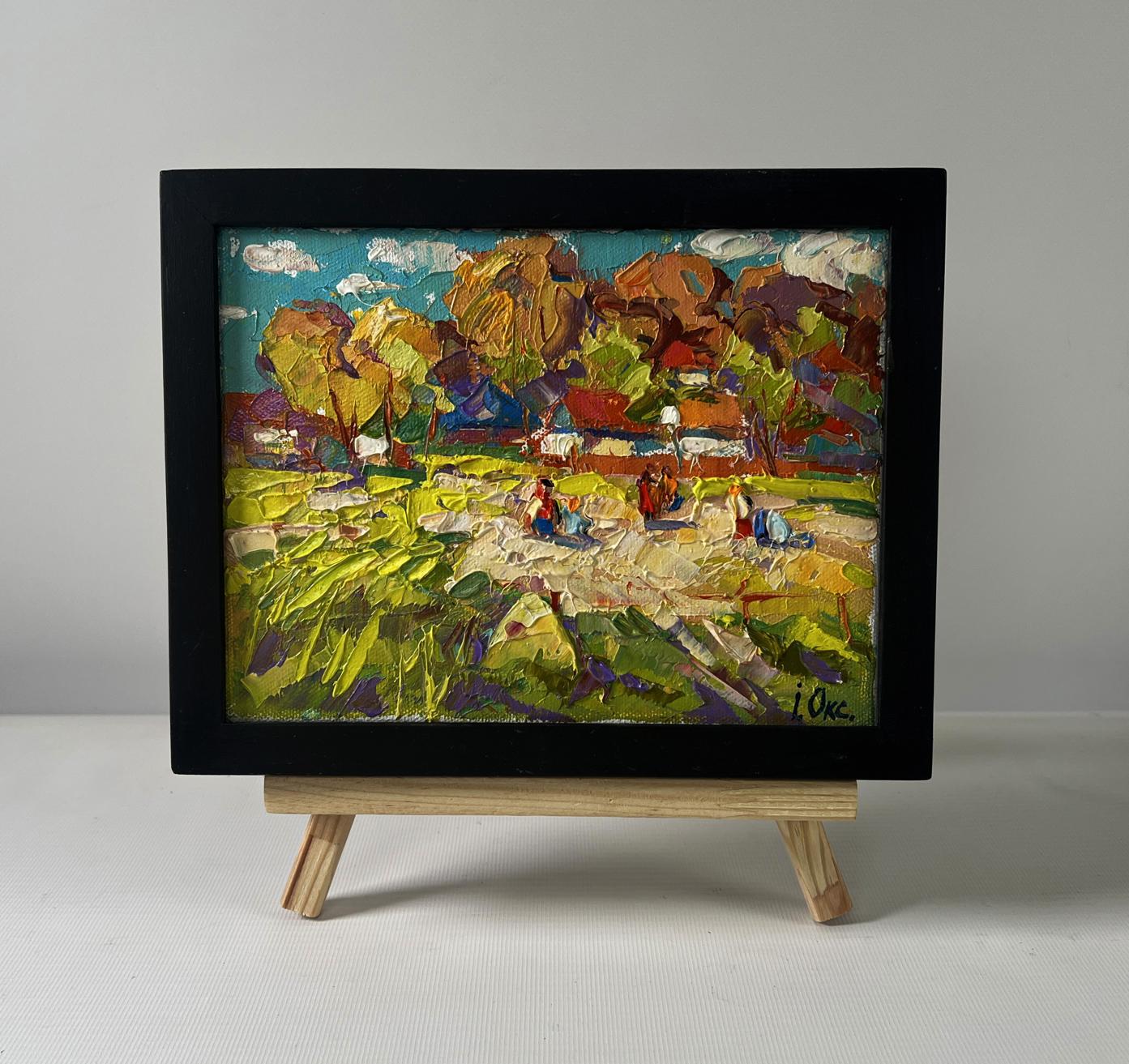 Oil painting On the pasture silence by Oksana Ivanyuk in black frame