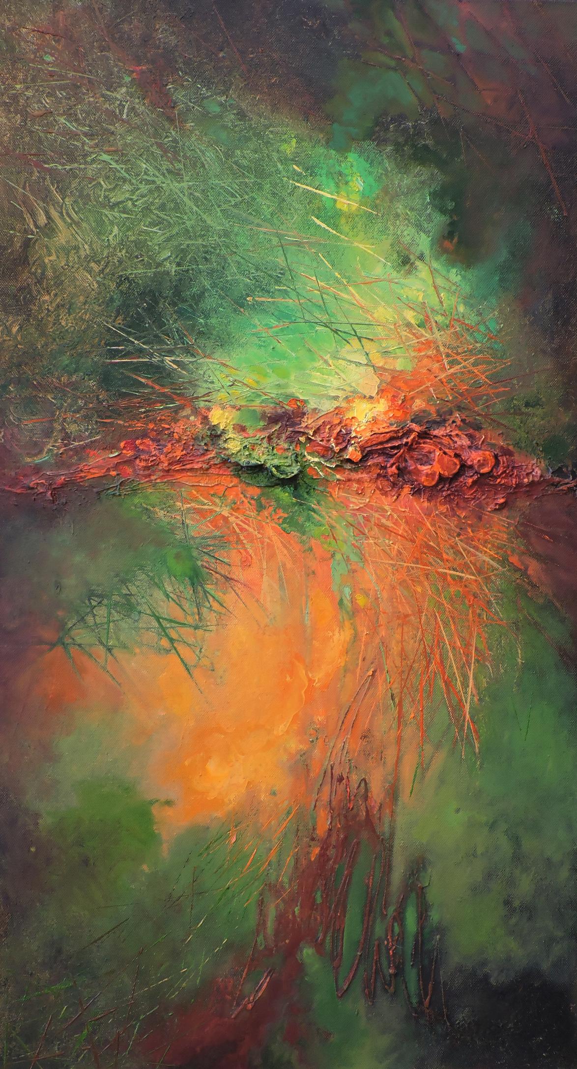 Oil painting Acute interaction by Oksana Osnach in vibrant green orange red hues