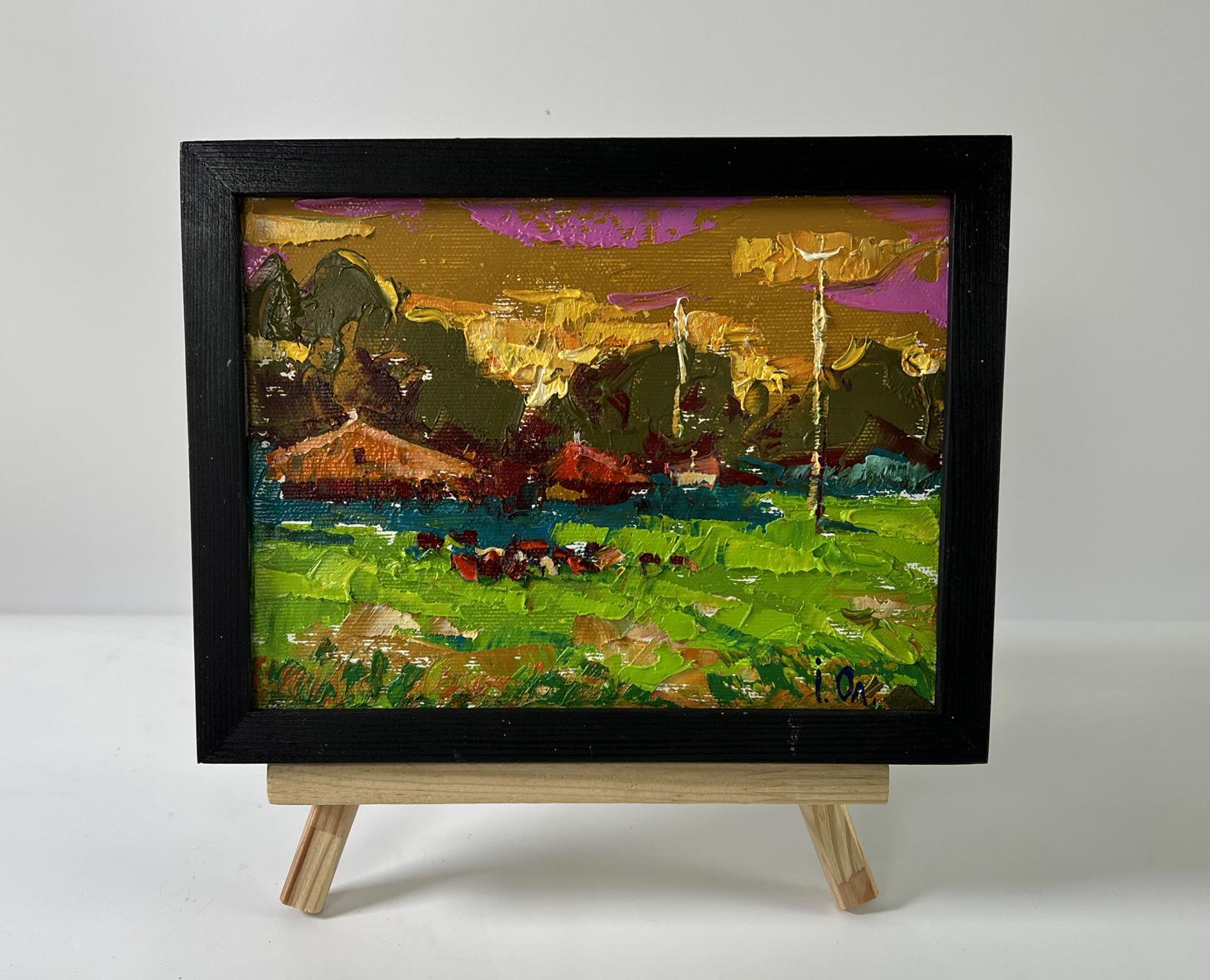 Oil painting Evening village by Oleksiy Ivanyuk in black frame