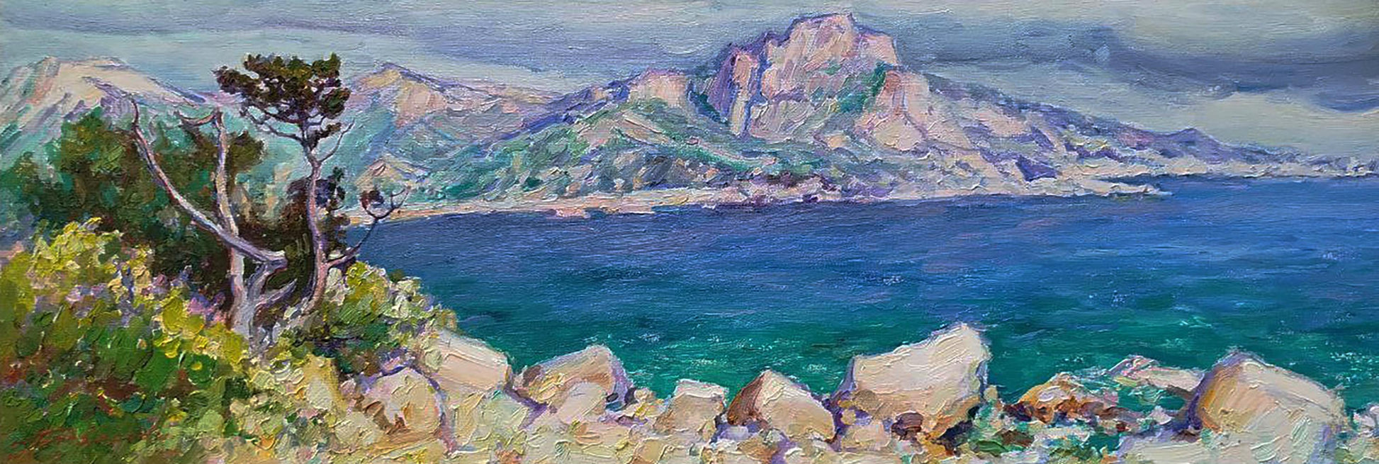 Oil painting of South coast sea by Leonid Pavlenko, vibrant coastal landscape