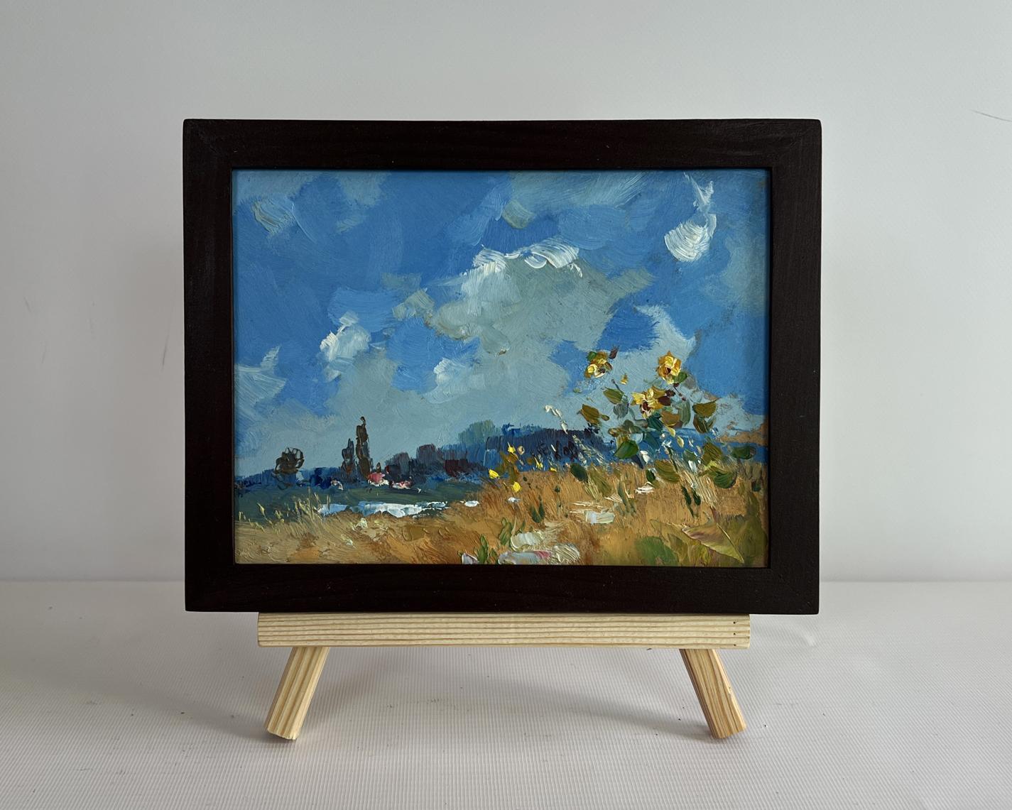 Oil painting Sunflowers reach for the sky by Yuriy Suprunchuk in dark frame
