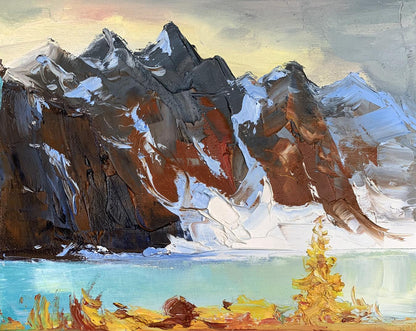 Oil painting by Tatyana Derdey: snow-dusted rugged mountains over turquoise lake