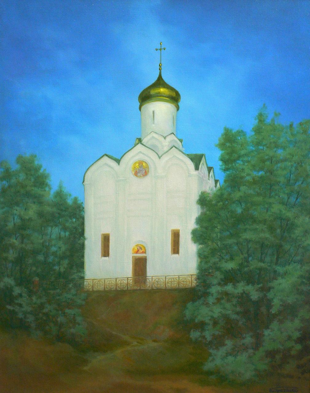 Oil painting of Church of St. Nicholas by Vasily Korkishko, white stone with golden dome