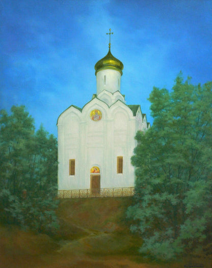 Oil painting of Church of St. Nicholas by Vasily Korkishko, white stone with golden dome