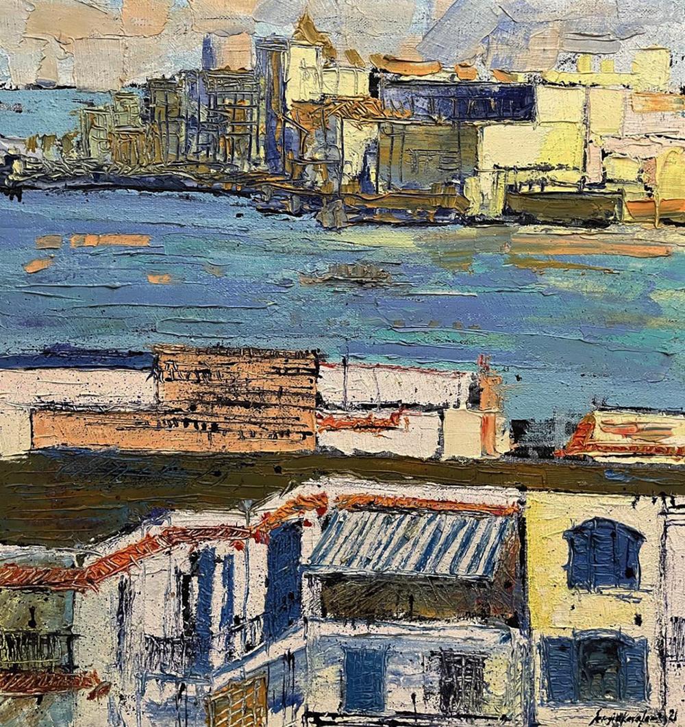 Impressionistic oil painting of mysterious coastal city by Serhiy Kovalev