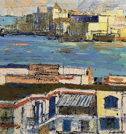 Impressionistic oil painting of mysterious coastal city by Serhiy Kovalev