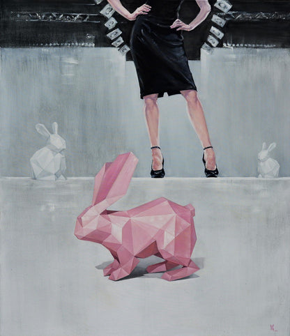 Pink geometric rabbit sculpture by Oleg Kateryniuk oil painting