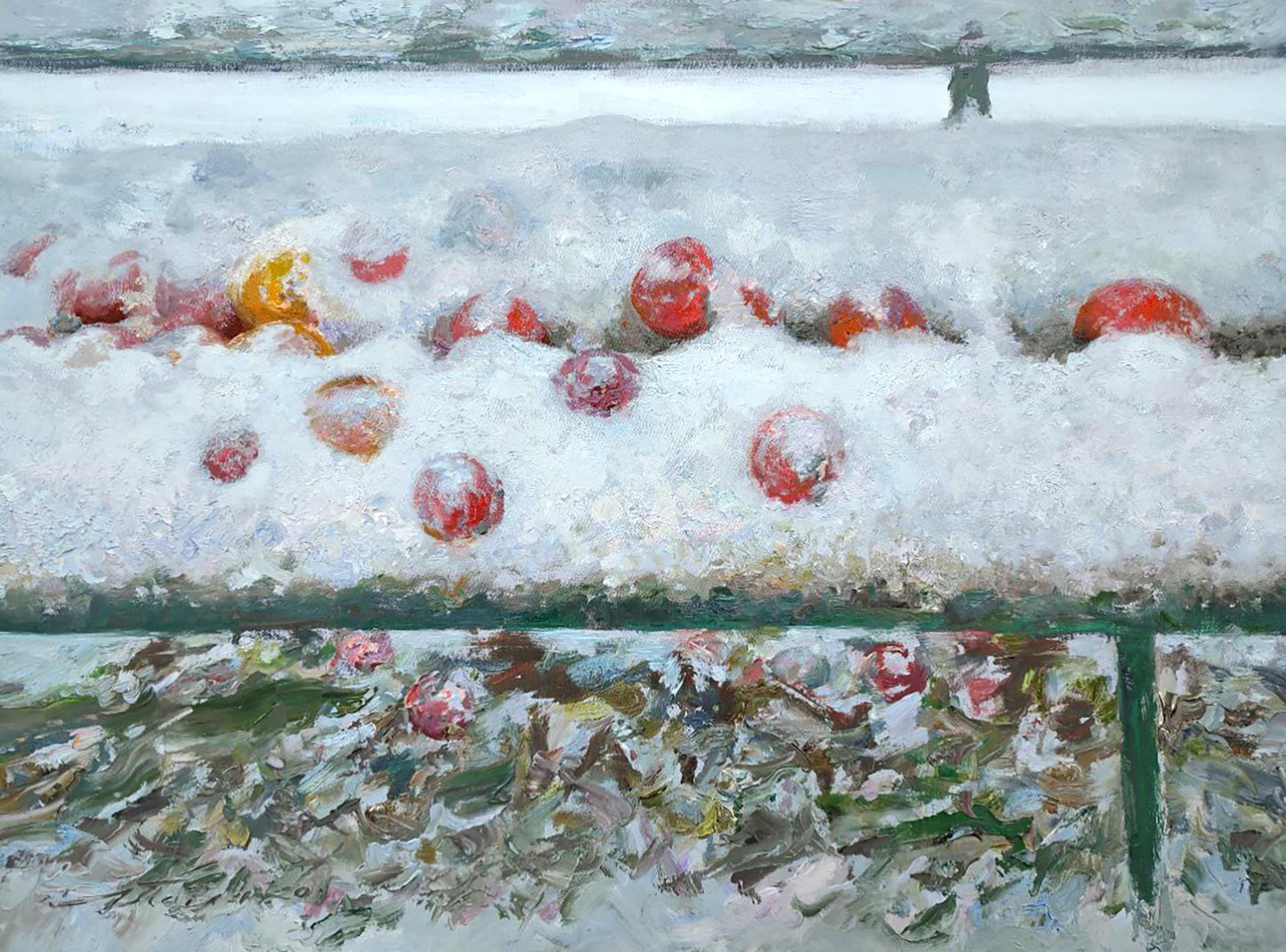 Snow-covered red apples on ledge in Leonid Pavlenko oil painting