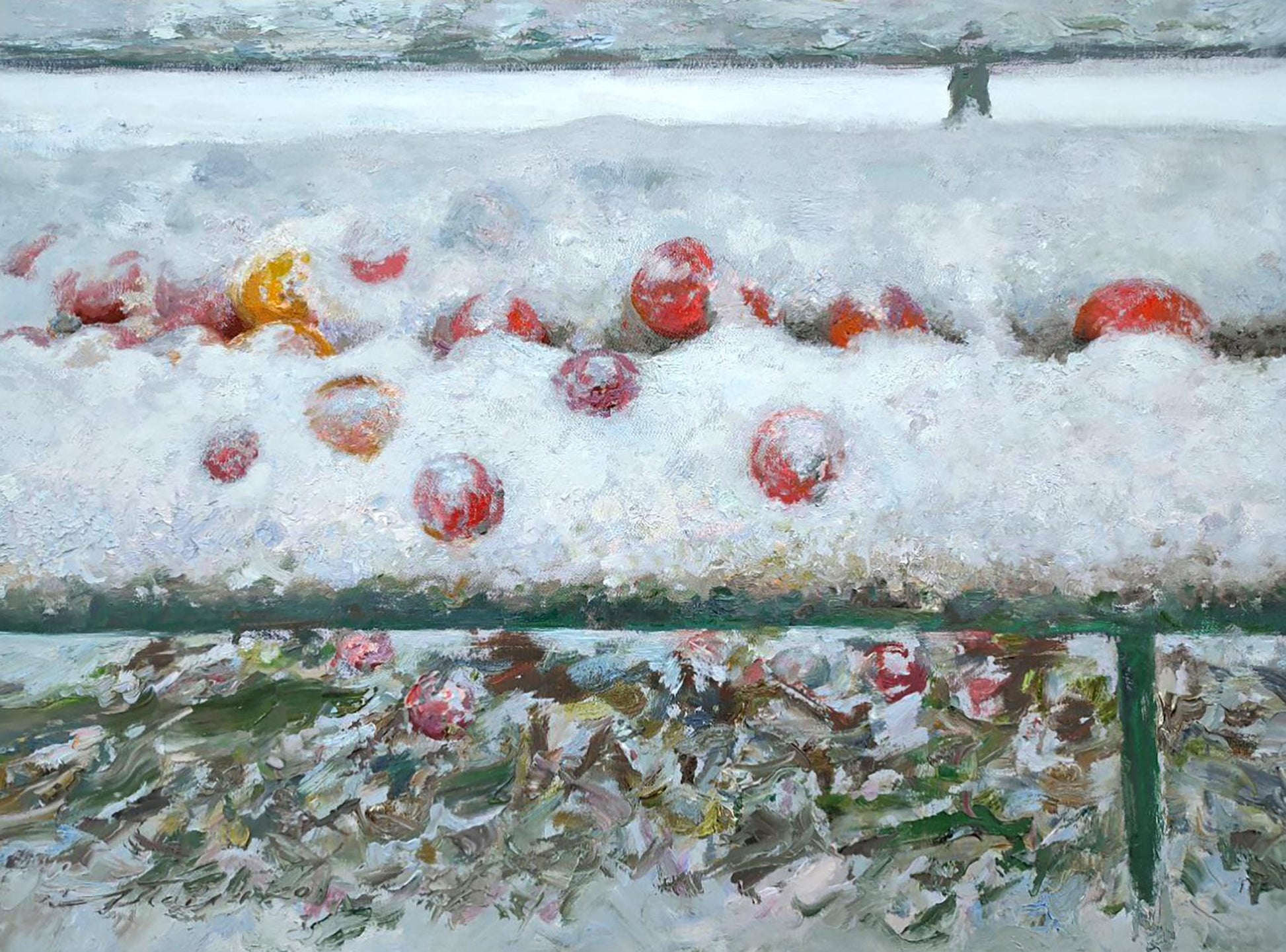 Snow-covered red apples on ledge in Leonid Pavlenko oil painting
