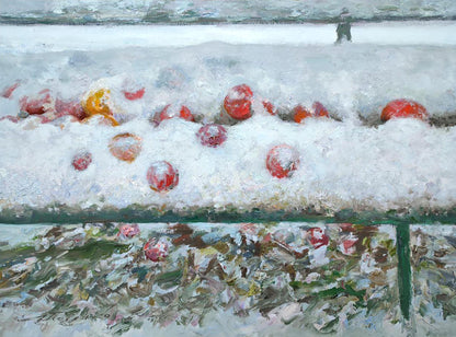 Snow-covered red apples on ledge in Leonid Pavlenko oil painting