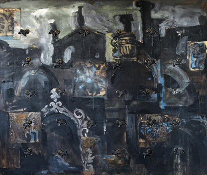 Dark abstract oil painting City under siege by Ed Potapenkov