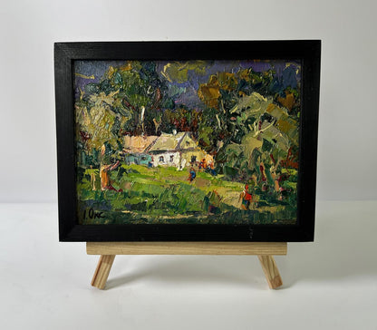 Oil painting Village before the rain by Oksana Ivanyuk, vibrant countryside scene