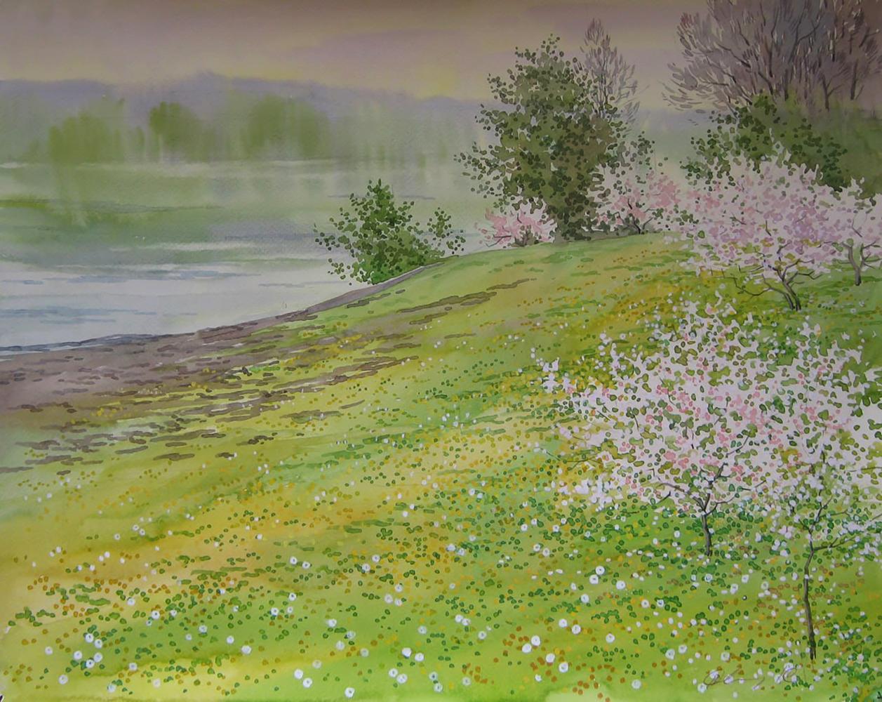 Watercolor painting of blooming cherry trees by river, Valery Savenets
