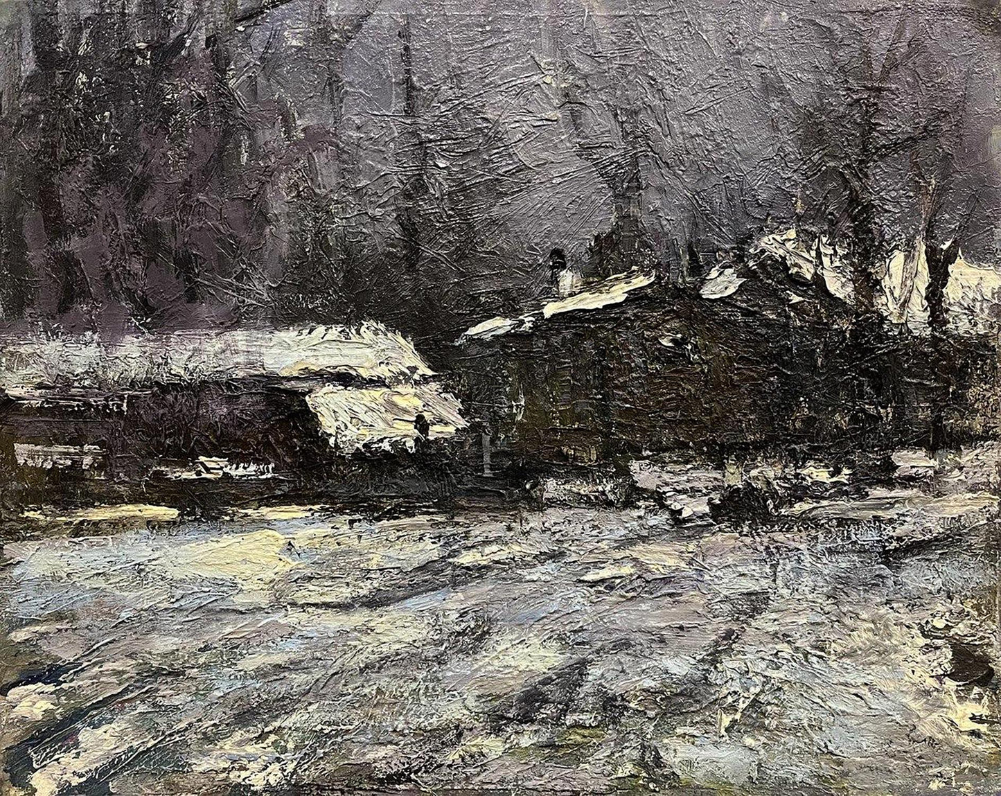 Oil painting sketch under the village by Volodymyr Pashchenko snowy scene