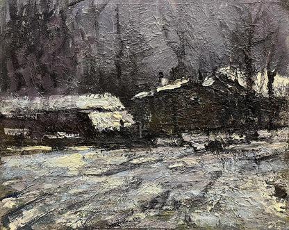 Oil painting sketch under the village by Volodymyr Pashchenko snowy scene