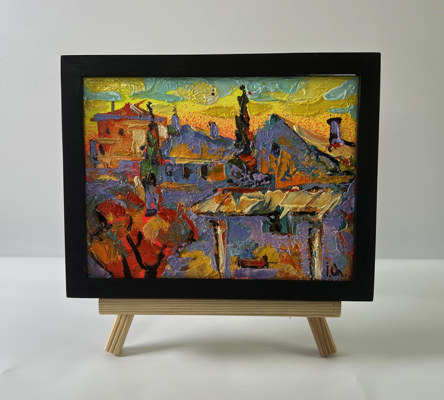 Oil painting Evening over the city by Oleksiy Ivanyuk in black frame