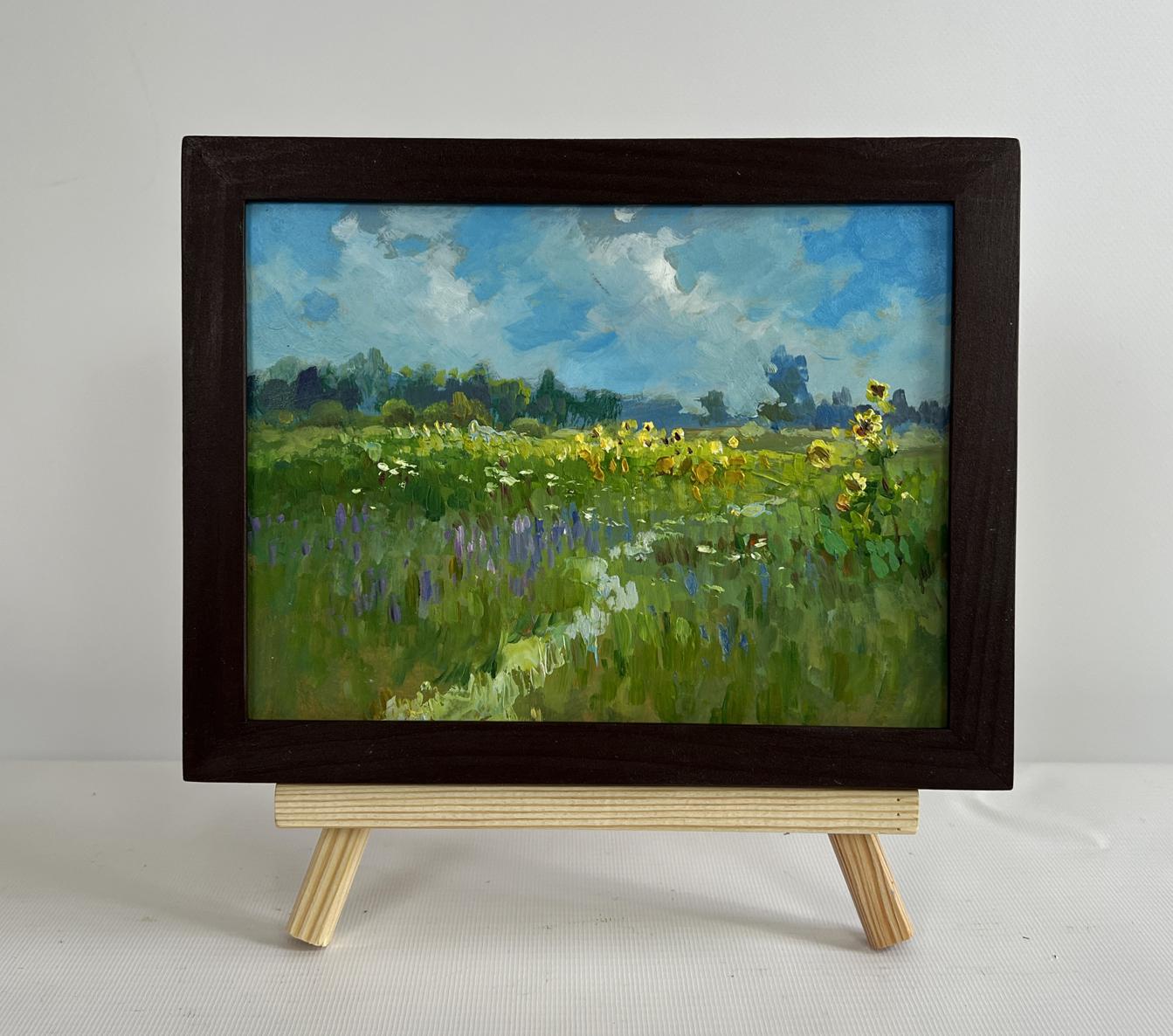 Oil painting of sunflower fields in sunlit meadow by Yuriy Suprunchuk