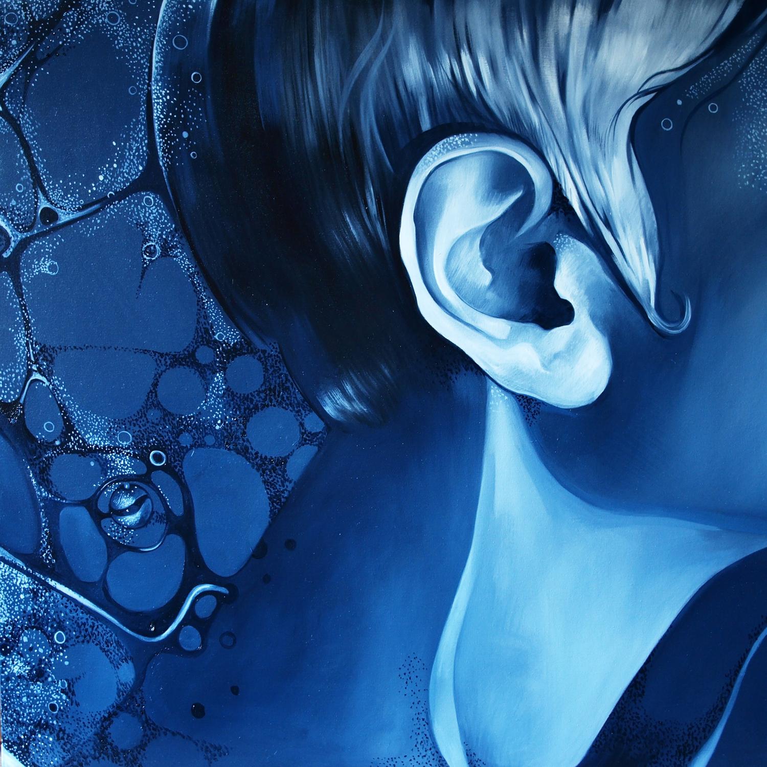 Stylized blue-toned oil painting Before pleasure Konsta G. Amelinn of human ear with flowing hair and abstract bubbles