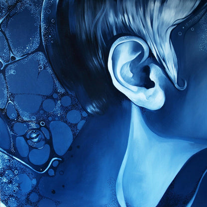 Stylized blue-toned oil painting Before pleasure Konsta G. Amelinn of human ear with flowing hair and abstract bubbles