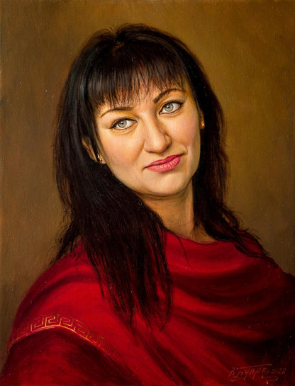 Oil painting Carol Valeriy Bulat: rich red textured shawl with Greek key edge
