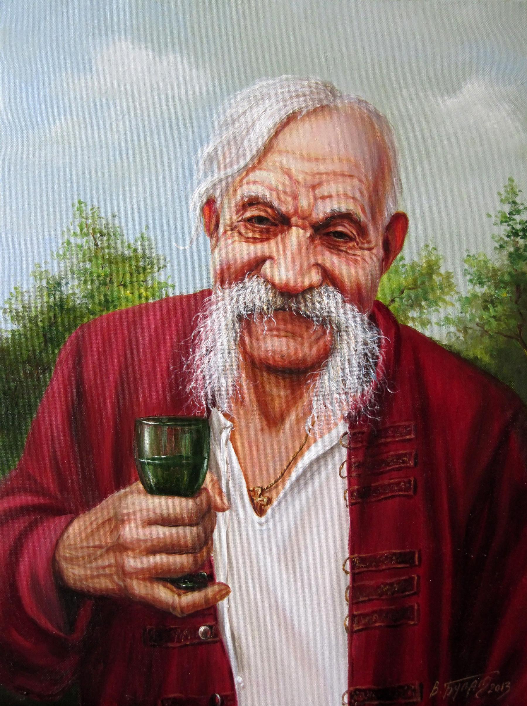 Oil painting We will Valeriy Bulat: dark green goblet in elderly mans hand