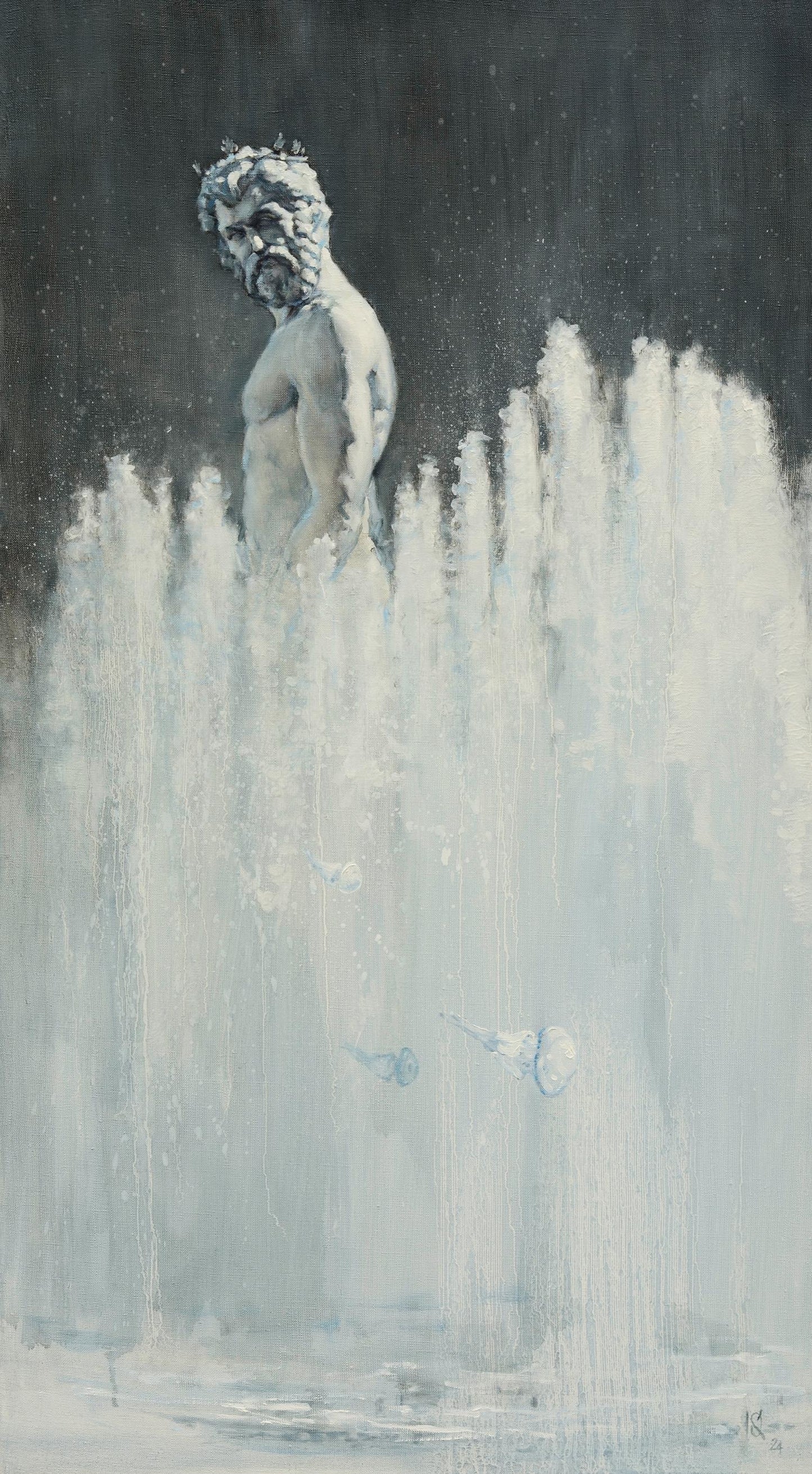 Monochromatic textured oil painting of bearded Neptuno by Oleg Kateryniuk atop waterfalls