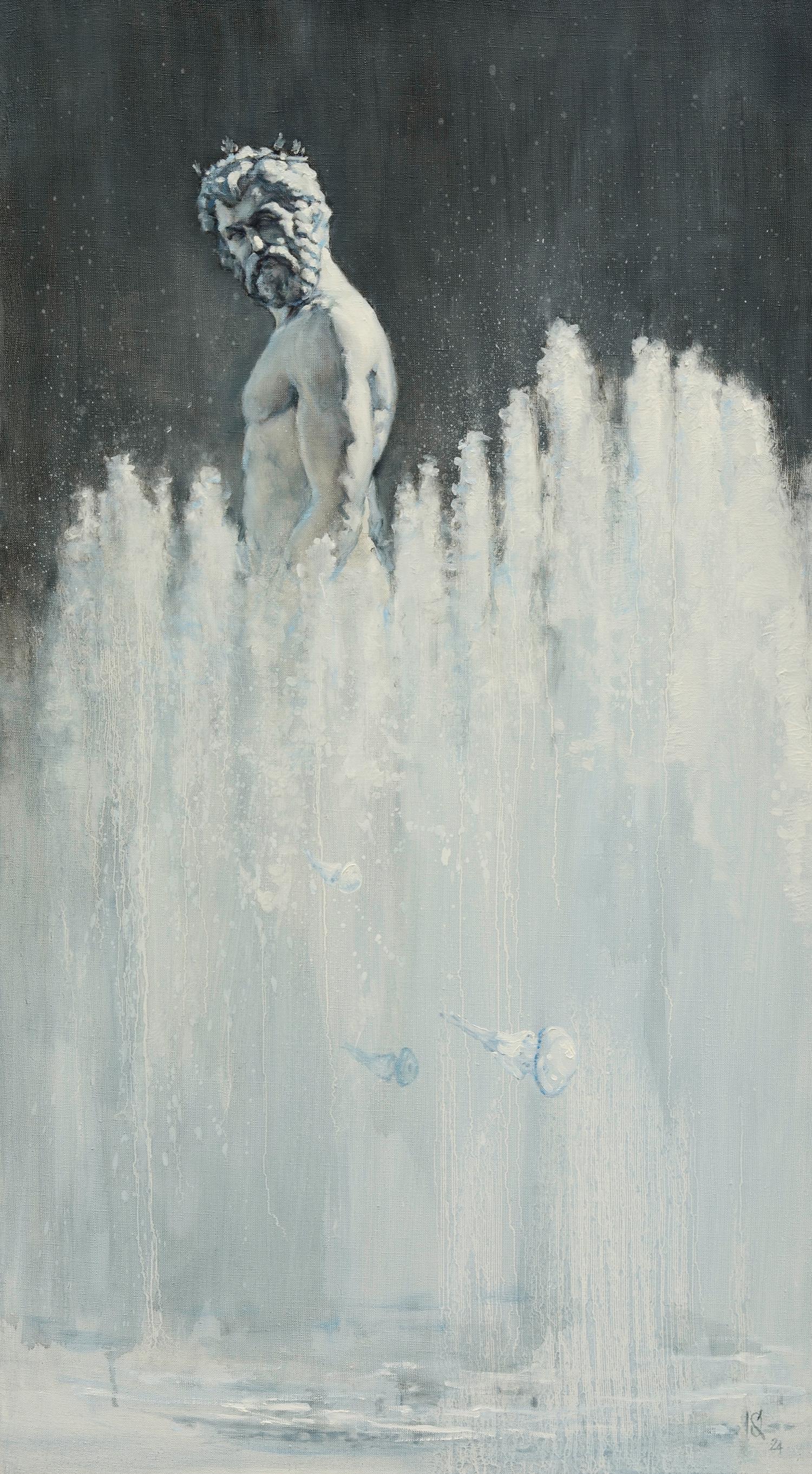 Monochromatic textured oil painting of bearded Neptuno by Oleg Kateryniuk atop waterfalls