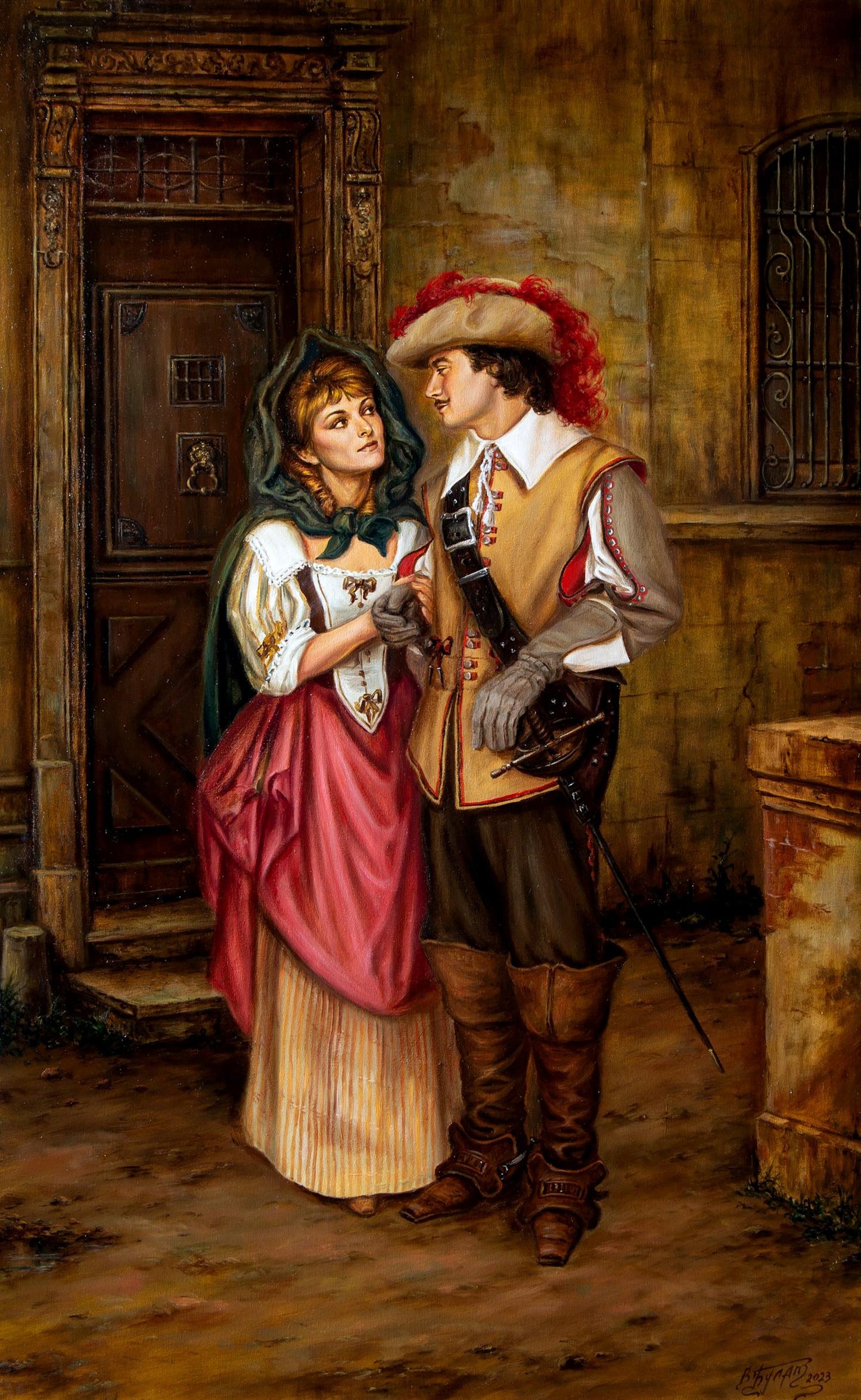 Oil painting Maybe in the Future by Valeriy Bulat: woman in red gown and man in feathered hat