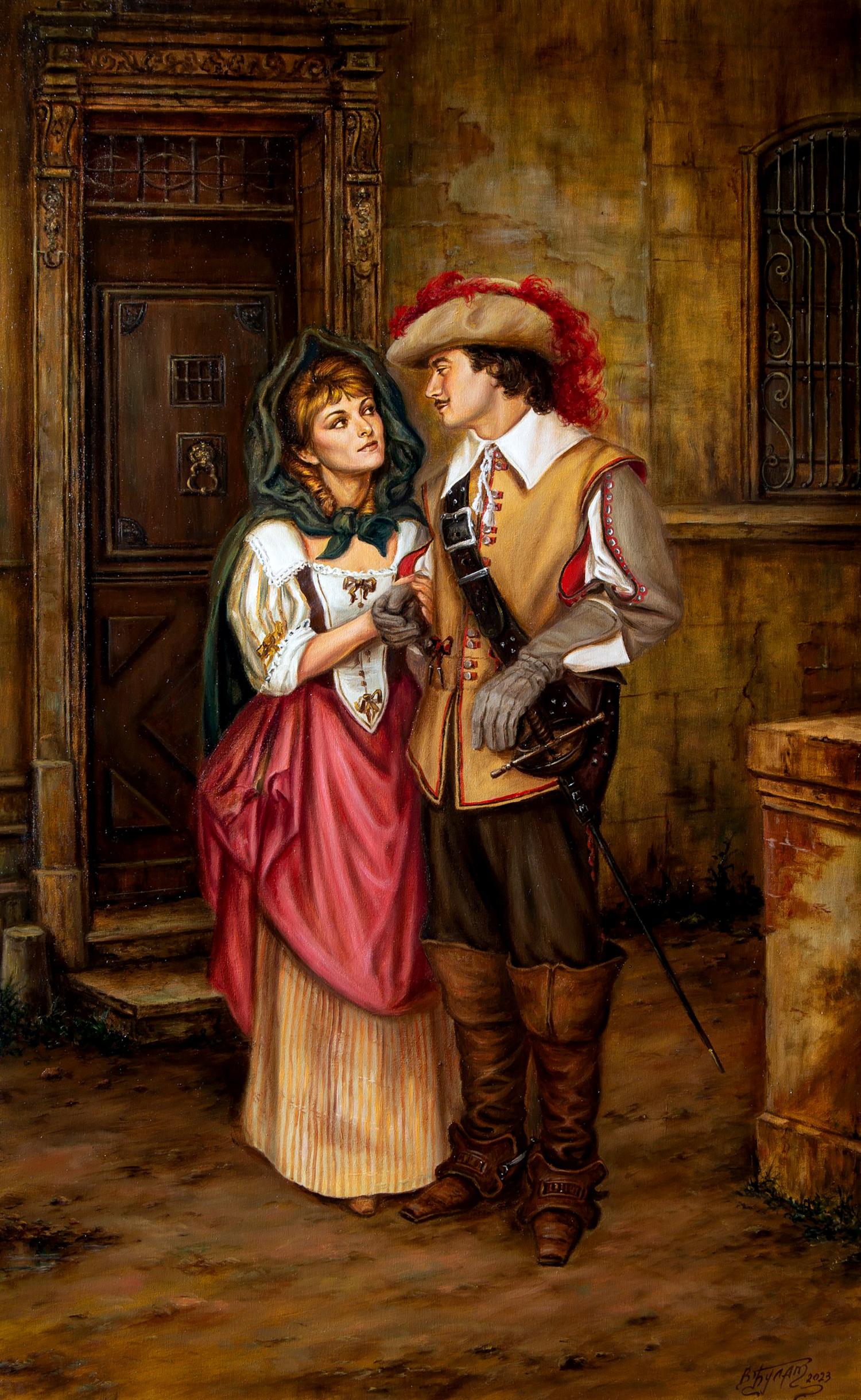 Oil painting Maybe in the Future by Valeriy Bulat: woman in red gown and man in feathered hat