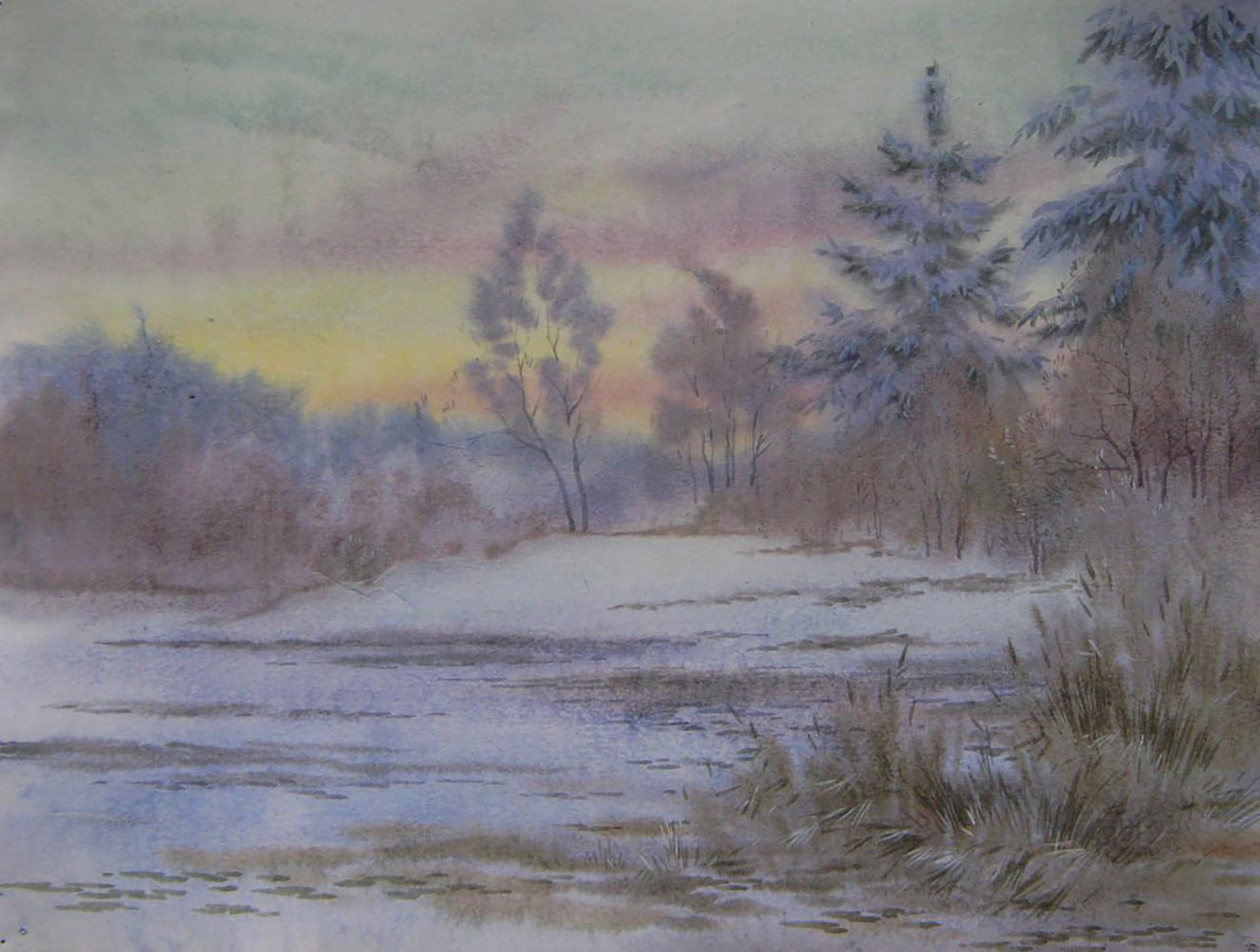 Serene watercolor painting Winter wind by Valery Savenets snowy dusk landscape