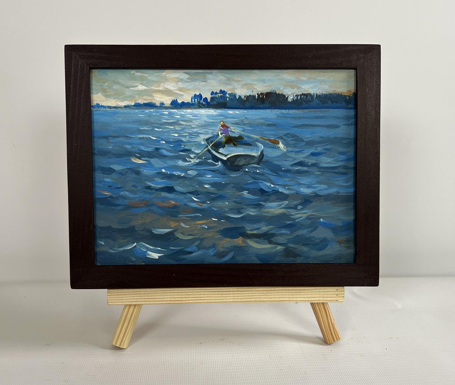 Oil painting In the Evening in a Boat by Yuriy Suprunchuk in dark frame