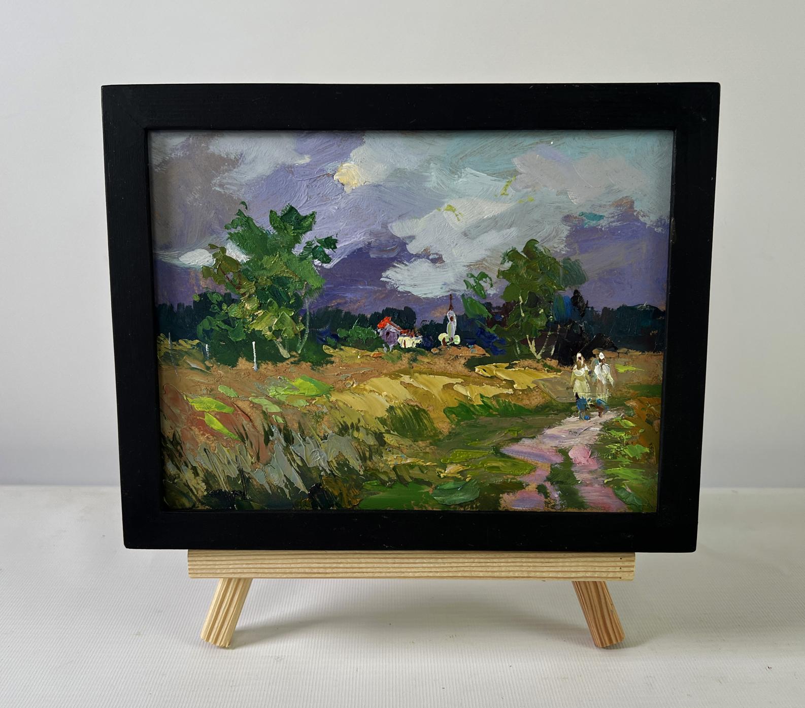 Black-framed oil painting Quiet Village in Endless Expanses by Yuriy Suprunchuk