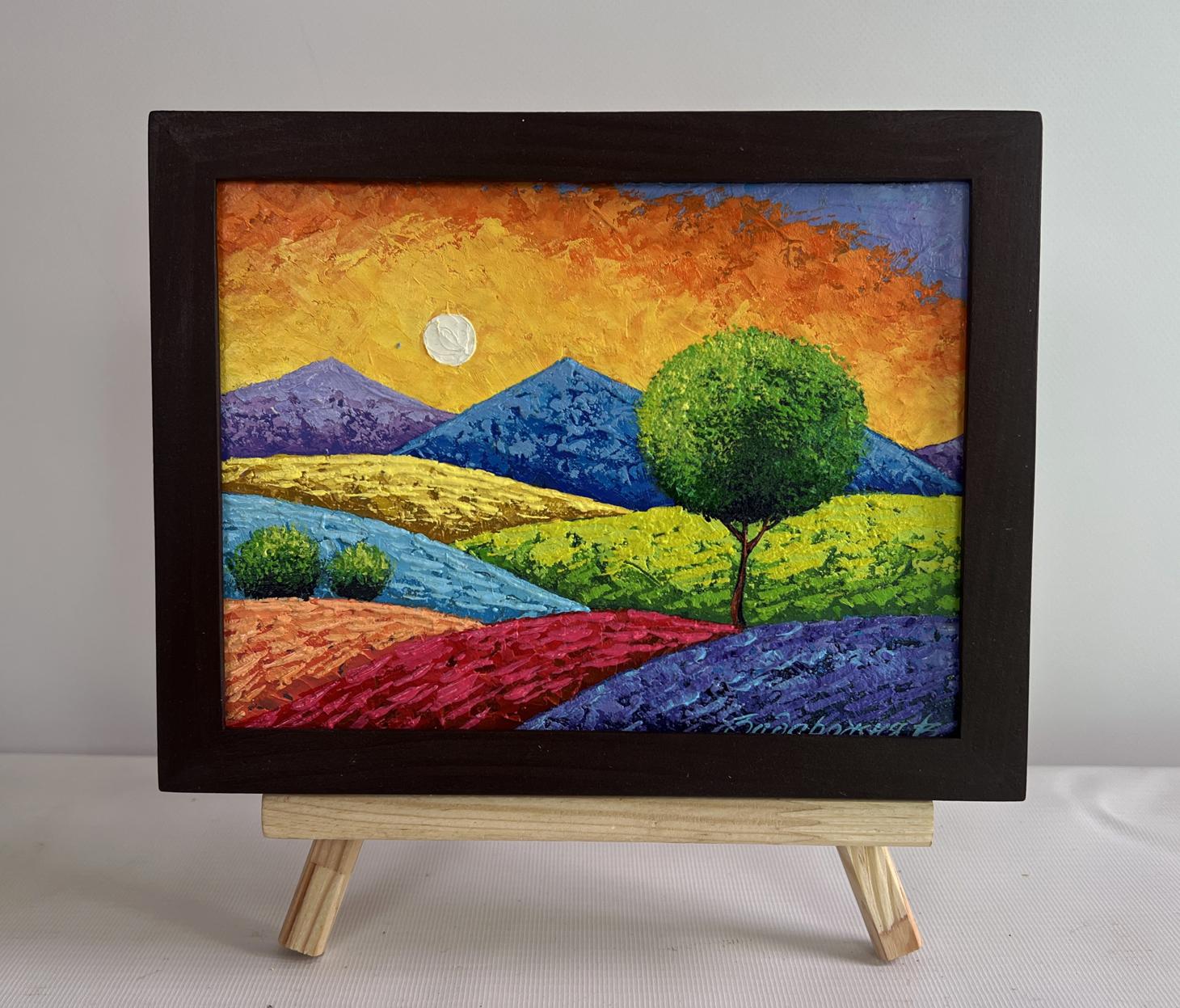 Oil painting of summer sunset over flowering slopes by V. Zadorozhnya