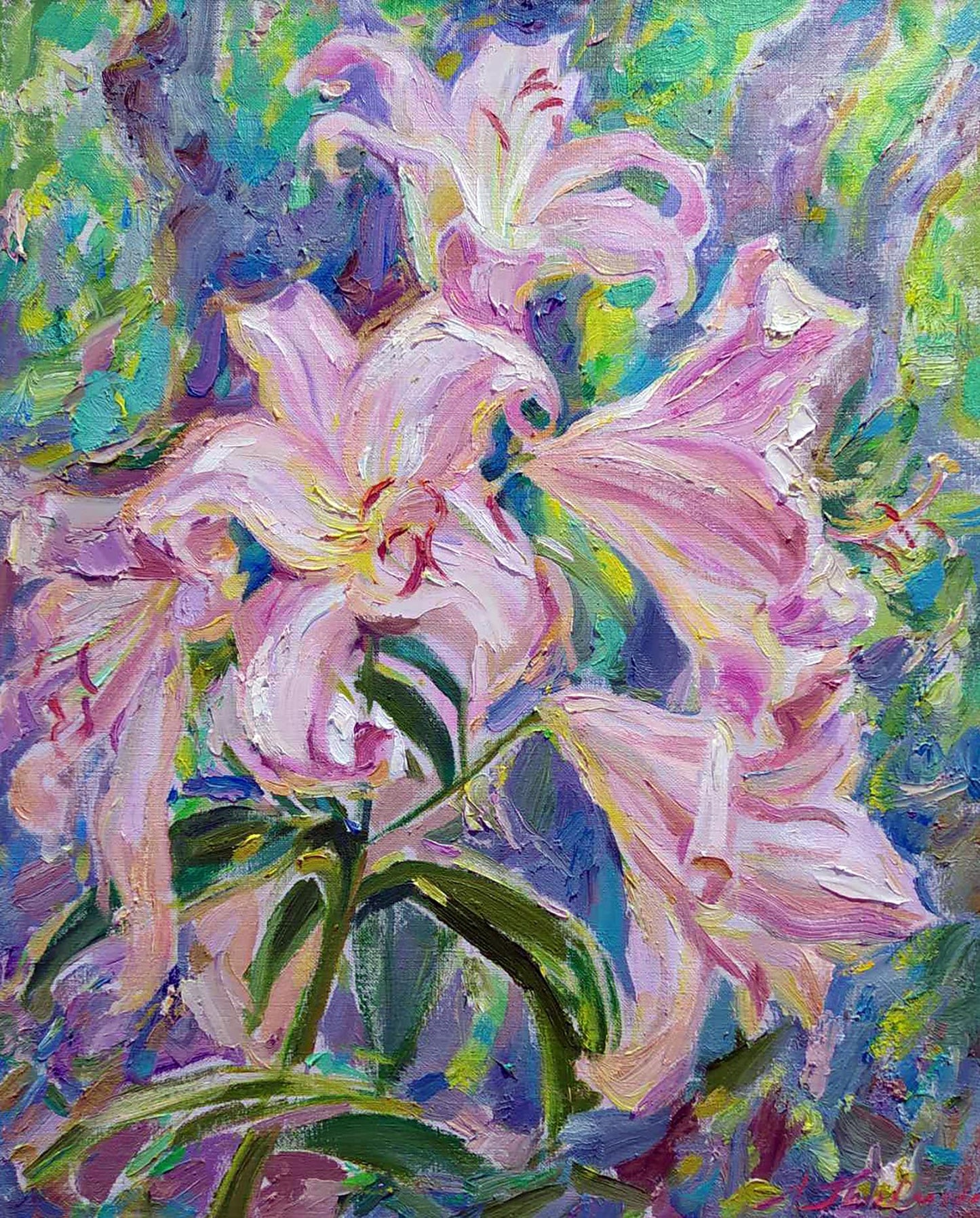 Vibrant impressionist oil painting of pink lilies by Leonid Pavlenko