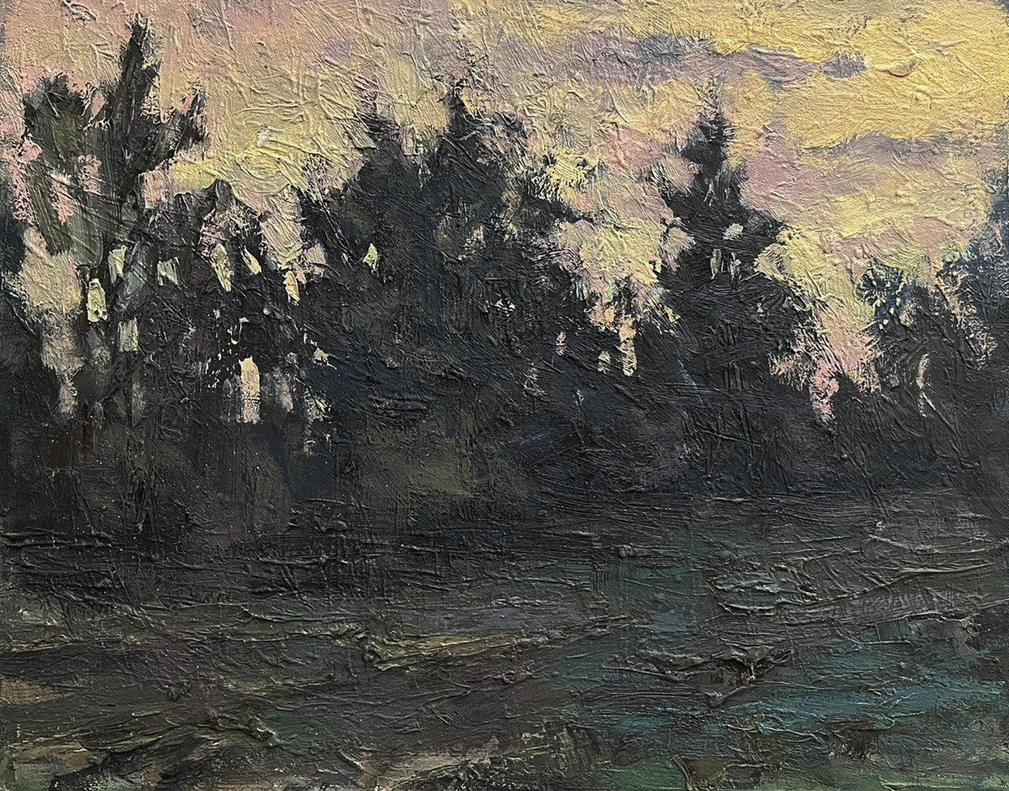 Oil painting Green forest by Volodymyr Pashchenko, dark silhouette sky