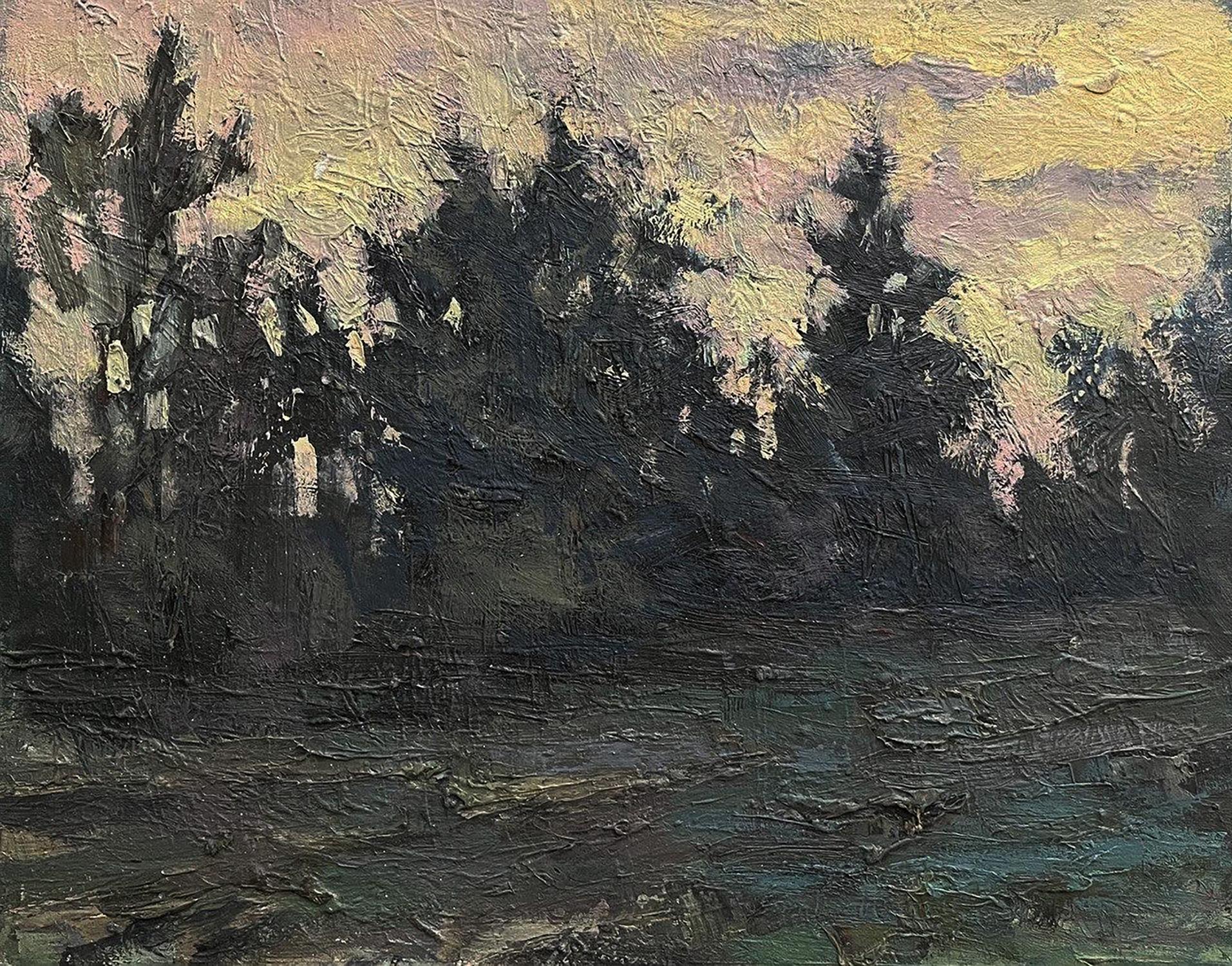 Oil painting Green forest by Volodymyr Pashchenko, dark silhouette sky