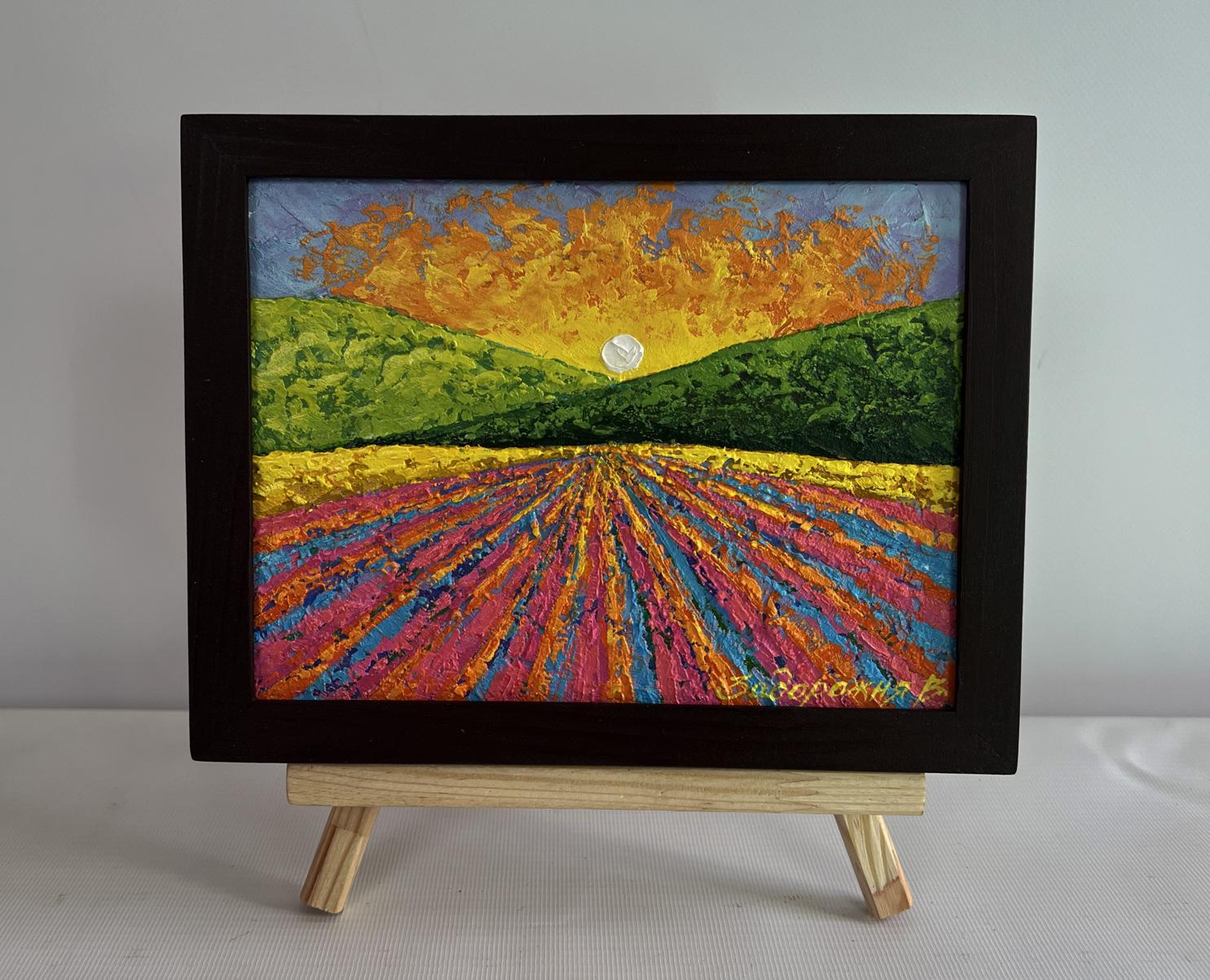 Oil painting Sunset over a flower field V. Zadorozhnya on wooden easel