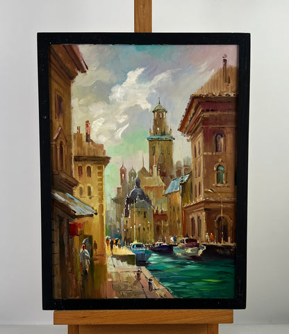 Oil painting Venetian reflection by Yuriy Suprunchuk, sunlit canal scene