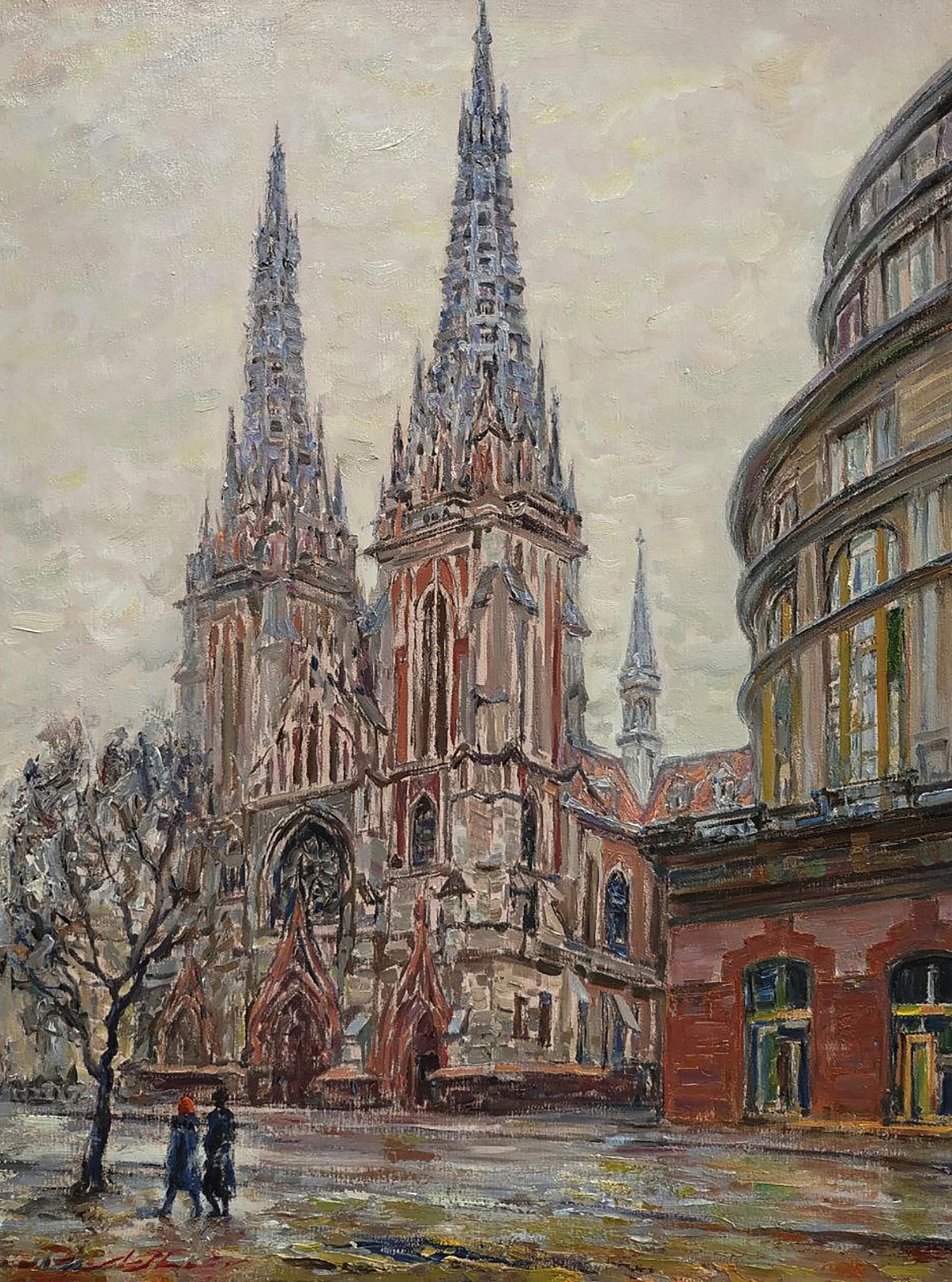 Oil painting of Church of St. Nicholas by Leonid Pavlenko, gothic cathedral with spires