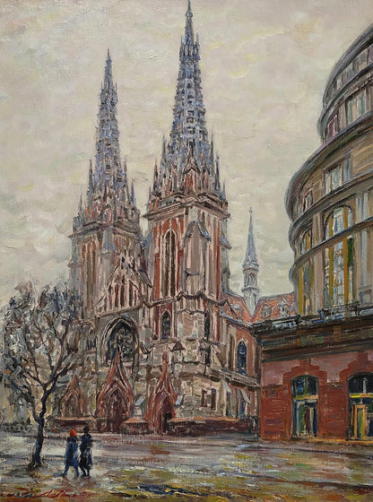 Oil painting of Church of St. Nicholas by Leonid Pavlenko, gothic cathedral with spires