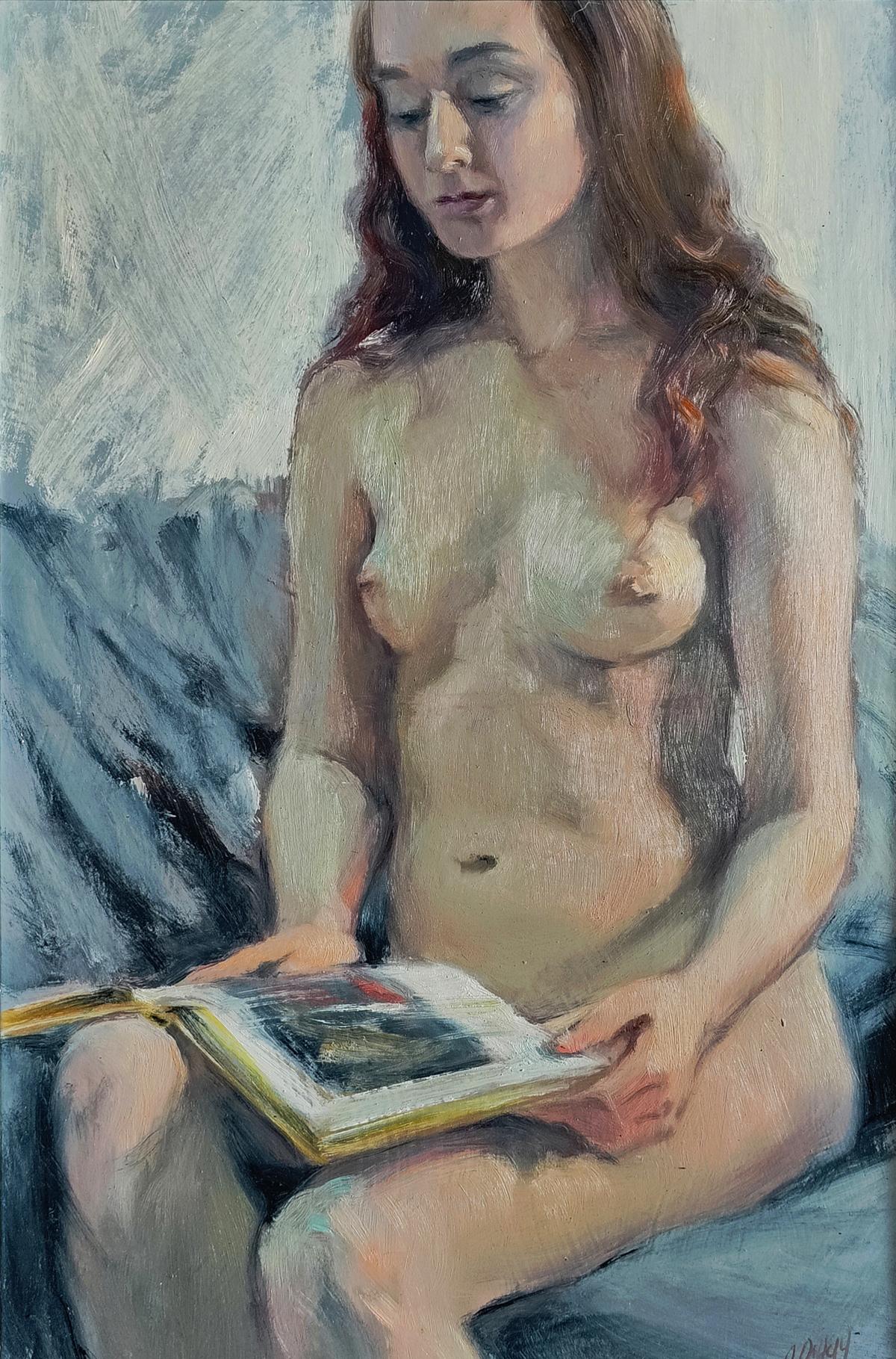 Impressionistic oil painting of female figure reading book by Oksana Osnach
