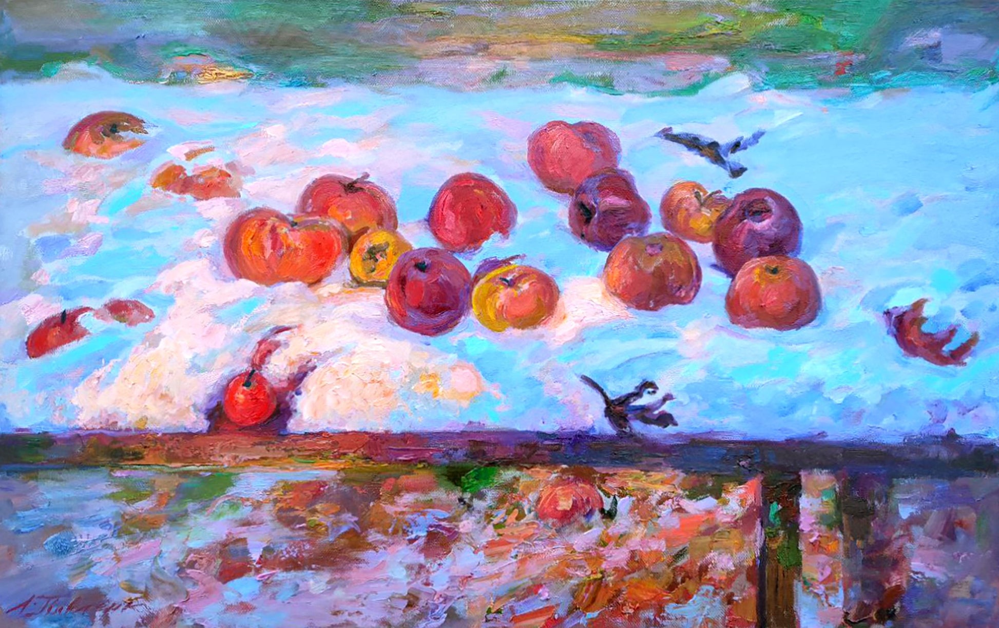 Vibrant oil painting of Christmas apples by Leonid Pavlenko