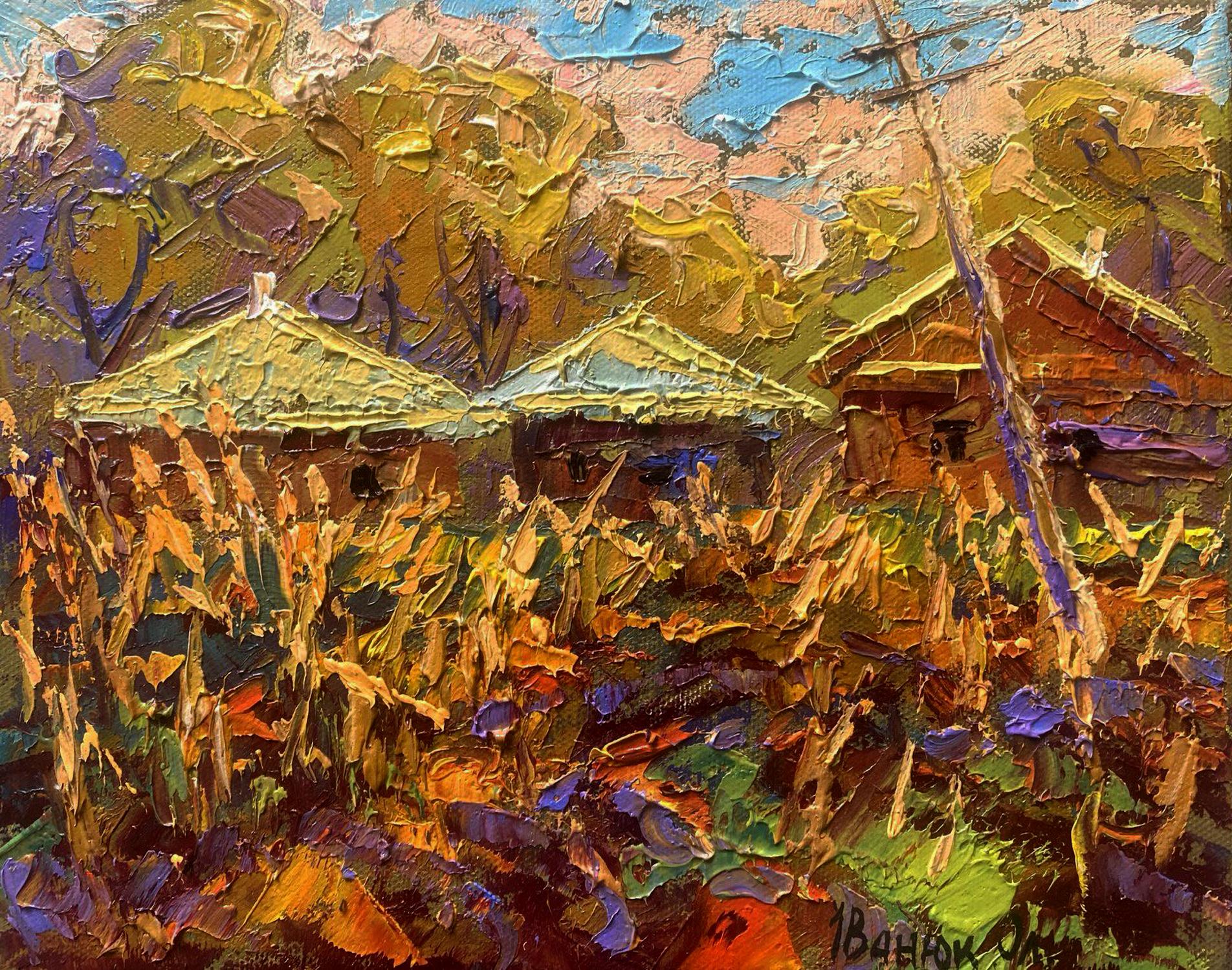 Vibrant impressionist oil painting by Oleksiy Ivanyuk: sunset over ancestral hill village