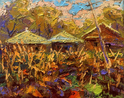 Vibrant impressionist oil painting by Oleksiy Ivanyuk: sunset over ancestral hill village